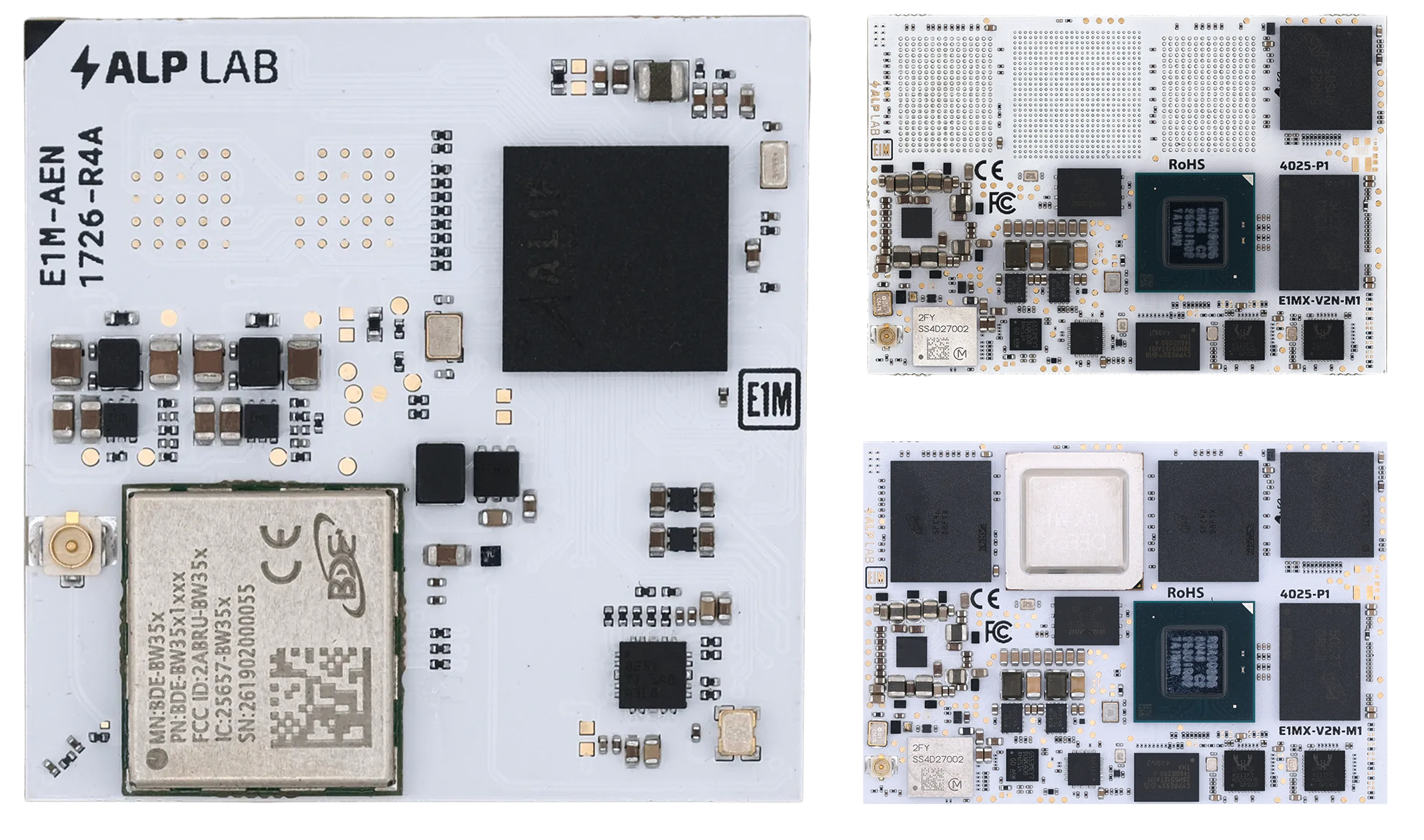 endrich nimmt E1M-Module von Alp Lab mit unterschiedlicher KI-Rechenleistung in sein Portfolio auf (v. l. n. r.): das E1M-AEN mit 0,25-0,5 TOPS, das E1M-X V2N mit 4 TOPS und das E1M-X V2N+M1 mit 29 TOPS. 