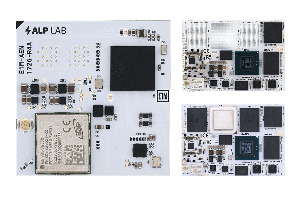 endrich nimmt E1M-Module von Alp Lab mit unterschiedlicher KI-Rechenleistung in sein Portfolio auf (v. l. n. r.): das E1M-AEN mit 0,25-0,5 TOPS, das E1M-X V2N mit 4 TOPS und das E1M-X V2N+M1 mit 29 TOPS. 