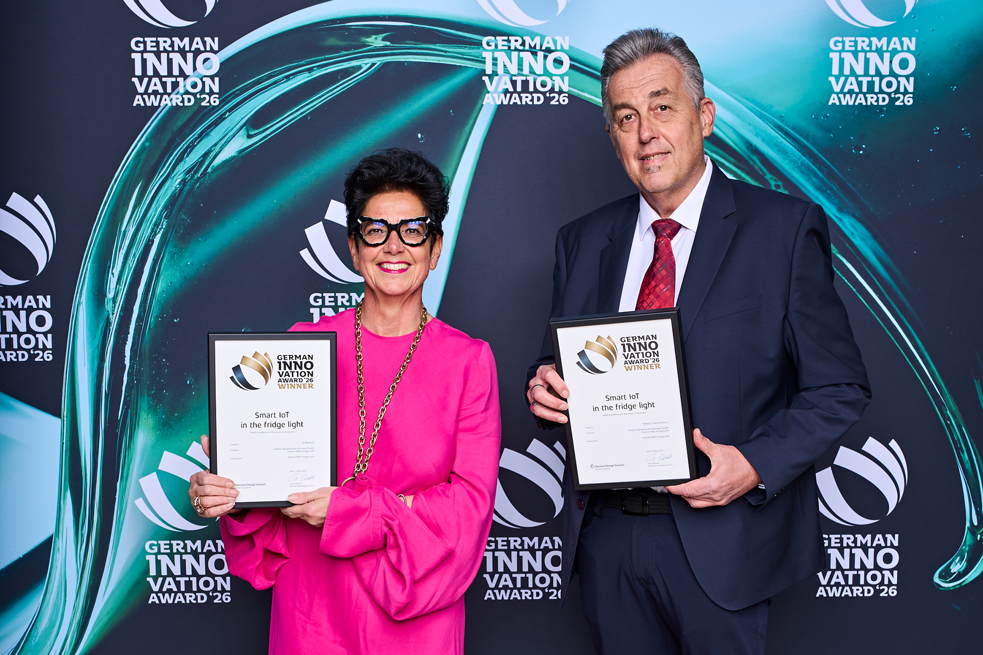 Dr Christiane Endrich and Zoltán Kiss, MEng, at the German Innovation Award 2026 ceremony